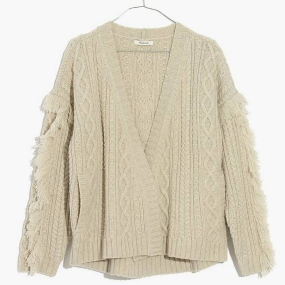 Madewell 100% Merino Wool Cable Knit Cardigan Fringe Cream M